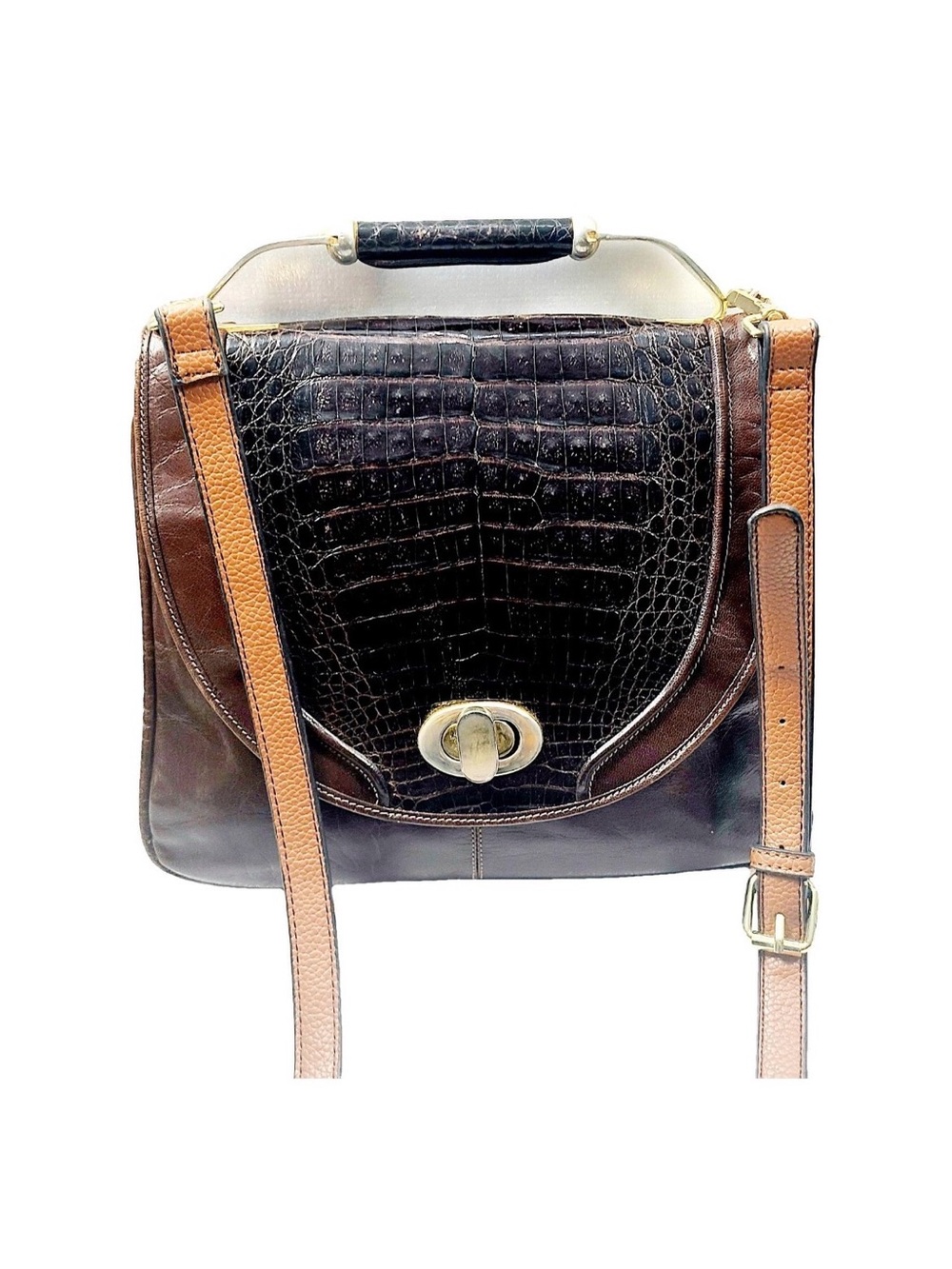 Two-Tone Brown Croc-Embossed Leather Satchel with Adjustable Strap.